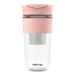 SoleCup. Large Travel Mug Loose Tea Infuser - Detachable Tea Strainer with Spill Proof Lid - 18oz/530ml BPA-Free Reusable Glass Travel Coffee Cup with Silicone Band (Pink)