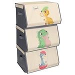 Navaris Toy Box Storage - Kids Toy Storage Stackable Boxes - Set of 3 - Large Volume Childrens Toys Organiser Chest - Durable Toybox for Baby Boys and Girls - Dinosaur Print