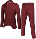 COOFANDY Red Mens Suit 3 Piece Two Button Blazer Vest Pants Sets Classic Solid Business Wedding Suit Set, Wine Red, S