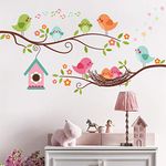 Robin Bird and Tree Branch Wall Stickers, Colorful Cute Cartoon Lovely Birds Singing On The Branch with Flowers Wall Decal, DILIBRA Removable DIY Mural Decorations for Living Room Bedroom Baby Room