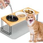 Ousiya Elevated Cat Bowls Cat Food Water Bowls with Natural Bamboo Stand, 3 Ceramic Dishes - 15°Tilted Design for Optimal Eating Posture, Vomiting Prevention and Waterproof Mat