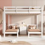 BTM Triple Bunk Bed, Wooden Bunk Beds, Triple Bunk Beds for Kids with Side Ladder, Safety Rails and 3 Drawers Bedside Table, Top Bunk 140x200cm, 2 Bottom Bunks Cot Bed 70x140cm