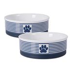 DII Bone Dry Stripes Ceramic Medium Pet Bowl for Food & Water, 6" Dia x 2" H Set of 2, with Non-Skid Silicone Rim for Dogs and Cats-Nautical Blue