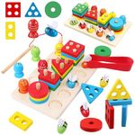 Kidology Montessori Toys for 1+ Year Old | Wooden Shape Sorting & Toddler Fishing Toys | Wooden Geometric Shapes Shorter Stacking Toy Puzzle | Color Stacker Shape Sorter Educational Learning Toy