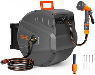 VonHaus Hose Reel - Wall Mounted Hose Reel for Garden, Retractable, Auto Lock and Auto Rewind, Includes Wall Fixings and 9 Function Spray Gun, 180° Pivot Swivelling, Long Reach, Outdoor Watering (40m)