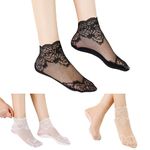 FabNext-Transparent Lace Fishnet Ankle Socks, Sheer Liner Flower Patterned Short Silk Stockings, Transparent Flower Print Lace Socks Multicolour 3pair