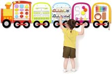Joyreal Train Activity Wall Busy Board Panels - 8-in-1 Toddler Learning Activity Center - Wooden Montessori Sensory Toys for Playroom, Daycare, Classroom - Educational Toy for All-Round Development