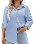 IN'VOLAND Womens Long Sleeve Shirts V Neck Collared Button Down Shirt Tops with Pockets Light Blue 24W