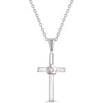 925 Sterling Silver Girl's 16" Religious Pink Cubic Zirconia Flower Cross Necklace - Beautiful Cross Charm Jewelry for Children & Preteens - Classic Bright CZ Crucifix Pendant Necklace for Young Girls