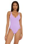 Becca by Rebecca Virtue Women's Standard Color Prism High Leg One Piece Swimsuit-Scoop Neck, Open Back Design, Bathing Suits, Iris, Large