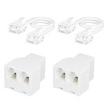 Uvital Phone Jack Splitter, Phone Line Splitter for Landline Telephone, RJ11 6P4C 1 Female to 2 Female Adapter, Comes with 4 Inch Cable(White,2 Pack)