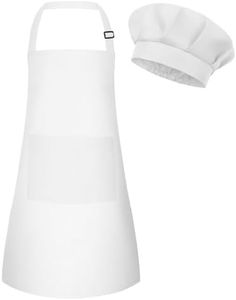 BOUBONI Kids Apron and Chef Hat Set Adjustable Chef Art Apron with 2 Pockets Toddler Chef Hat and Apron for Cooking Baking Painting (White)