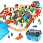 100Pcs Wooden Train Set for 3 Year Old Boys, Double-Side Train Set Tracks with Bridge Train Station & Storage Box, Fits Brio, Thomas, Melissa and Doug, Kids Gift Toys for Boy 3-7