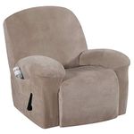 1-Piece Furniture Cover Ultra Stretch Velvet Plush Slipcovers Furniture Protector with Elastic Bottom, Anti-Slip Foams Attached Couch Shield Recliner Sofa Cover (Recliner, Taupe)