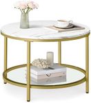 VASAGLE Round Coffee Table, Small Coffee Table with Faux Marble Top and Glass Storage Shelf, 2-Tier Circle Coffee Table, Modern Center Table for Living Room, Marble White and Pale Gold ULCT072W59