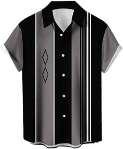 Men's Vintage Bowling Shirt 1950s Retro Short Sleeve Button Down Shirts, Black Grey Geometric, Large