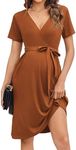 Ekouaer Women V Neck Maternity Dresses Short Sleeve Nursing Midi Dresses Ribbed Knit Pregnancy Clothes with Pocket Caramel XL