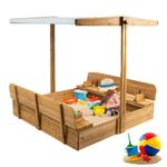 Wooden Sandbox with Lid, Kids Sandbox with Canopy Outdoor, Sandbox with Covers Foldable Bench Seats for Backyard, UV-Resistant & Adjustable Height Roof, Gift for Ages 2-8 (47x47in)