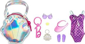 Barbie Clothes Set, Beach-Themed with Swimsuit, 5 Acessories & Zippered Doll-Sized Shell-Shaped Bag with Clip-On Ring, Iridescent