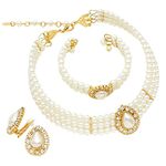 Rosemarie & Jubalee Women's Simulated Large Teardrop Pearl 3 Piece Choker Necklace Cuff Bracelet Clip On Earrings Bridal Jewelry Set, 11"+3" Extender