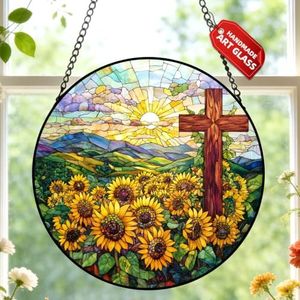 Cross and Sunflowers Stained Glass Sun Catcher Christian Window Hanging