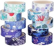 YUBX Ocean Blue Washi Tape Set 10 Rolls Silver Foil Print Decorative Masking Tapes for Arts, DIY Crafts, Bullet Journals, Planners, Scrapbook, Wrapping