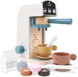 Little Log Wooden Coffee Machine Play Set, Wooden Kitchen Coffee Machine Maker Toy Set Toddler Role Play Kitchen Accessories Gift for Girls and Boys (13 Pieces)