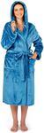 PAVILIA Plush Hooded Robe For Women | Turquoise Teal Blue, Fluffy Soft Bathrobe With Hood | Fuzzy Warm Spa Robe, Cozy Fleece Long Robe | Satin Trim, Small-Medium