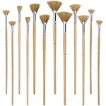 JEUIHAU 12 Pack Fan Brush Set, Bristles Fan Paint Brushes, Hog Bristle Stiff Fan Brush Set, Fan Artist Paint Brush with Long Wooden Handle for Acrylic Watercolor Oil Painting