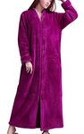 DSNOW Ladies Zip Fleece Waffle Long Dressing Gown Fluffy Towelling Bathrobe Sleepwear , Red Rose Red, M