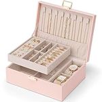 Vlando 2 Layer Jewelry Box Large Jewelry Organizer for Women Removable Jewelery Tray with Watch Pillow for Necklace Earrings Rings Bracelets Jewelry Boxes for Mother‘s Day Gifts (Pink)