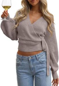 Trendy Queen Womens V Neck Wrap Sweater Fall Fashion Outfit Clothes Cropped