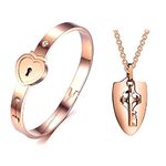 University Trendz Titanium Steel Lock Bangle Bracelet and Key Pendant Necklace Set for Boys, Girls, Men and Women (Rose Gold)