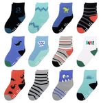 HYzgb 12 Pack Non Slip Kids Toddler Baby Socks with Grips for 1-7 Years Boys Girls Cotton Crew Socks Multi Colors, Dinosaur Style, 5-7 Years