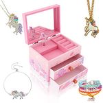 Agitation Unicorn Wooden Musical Jewelry Box for Girls with Unicorn Jewelry Set (Pink Unicorn7)