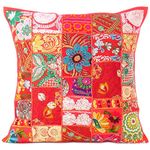 Eyes of India Decorative Patchwork Boho Throw Pillow Cover, Colorful Bohemian Cushion Case for Sofa Couch, Handmade Accent Bedroom Living Room, 16x16 Inch (40x40 cm), Red