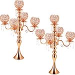 Dandat 2 Pack 5 Arms Gold Candelabra Centerpiece with Crystal Pendant 26 Inch Tall Floor Crystal Candelabra Chandelier Crystal Beaded Candle Holder Table Centerpieces Wedding Party Dinner Formal Event