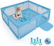 BABY JOY Baby Playpen for Toddlers, 200 x 180 x 68 cm Large Safety Play Yard with 4 Pull Rings & 50 Ocean Balls, Activity Center w/Non-slip Suction Cups, Wide-angle Protection Breathable Mesh & Zipper Door (Blue)