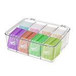 UgyDuky Acrylic Tea Bag Organizer with Hinge Lid Clear Clear Plastic Tea Bag Organizer Divided Tea Bag Container Box Holder for Tea Bags, Coffee Pods, Sugar/Seasoning Packets (8 Sections)