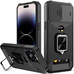 Nvollnoe for iPhone 14 Pro Max Case with Sliding Camera Cover and Card Holder Heavy Duty Protective for iPhone 14 Pro Max Case with Kickstand Ring Magnetic Phone Case for iPhone 14 Pro Max(Black)