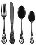 SHEUMNT Retro Black Silverware Set for 6, Gorgeous 24 Pieces Stainless Steel Black Flatware Set, Service for 6, Utensil Set Fork Spoon Knife, Antique Baroque Cutlery Set