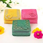 Kuber Industries Pack of 3 Mini Jewellery Organisers Pouch for Women | 5 Pouches Inside | Earrings & Chain Storage Box | Bow -Yellow, Pink & Green