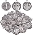 KMOSPAD 50pcs Antique Silver Jesus Cross Benedict Medals Charms Alloy Double Sided Religious Saint Beads Pendants for DIY Rosary Necklace Bracelet Jewelry Making Gifts, alloy, No Gemstone