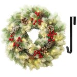 Juegoal 16 Inch Pre-Lit Christmas Wreath with Metal Hanger, Light Up Mountain Fir Pine Needle Wreath with Warm White 40 LED Lights, Indoor/Outdoor, Front Door Spruce Lighted Wreath X-max Decorations