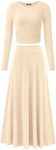 BTFBM Two Piece Skirt Sets For Women 2024 Trendy Fall Outfits Ribbed Knit Long Sleeve Crop Top Flowy Maxi Skirt Set(Solid Apricot, Medium)