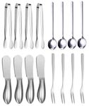 Sweetfamily 16 Pcs Spreader Knife Set, Stainless Steel Multipurpos Cheese and Butter Spreader Knives,Mini Serving Tongs Spoons and Forks for Cheese and Pastry