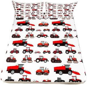 Erosebridal Red Tractor Bed Sheet Twin Size Heavy Equipment Truck Bedding Set Kids Boys Girls Teens Harvester Tractor Fitted Sheet Construction Excavator Farm Equipment Bed Sheet