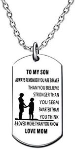 lauhonmin Mother Son Dog Tag Necklace for Men Boy To My Son You are Braver Stronger Smarter than you think Love Mom Stainless Steel