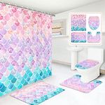 RosieLily 4 Piece Shower curtain set with rugs, Mermaid Shower Curtain liner with Bath Rug+U Shape Toilet Bathroom Rug+Toilet Lid Cover Bath Mat, Mermaid Shower Curtain and 3 Piece Bathroom Rug Set