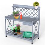 Wooden Garden Potting Table with Drawer and Trellis, Planting Potting Bench Work Station with Hooks and Shelves, Flower Plant DIY Workstation for Patios, Courtyards, Balcony, Grey